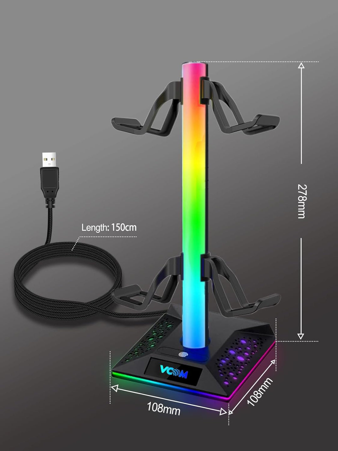 VCOM RGB Gaming Kopfhörer Ständer mit 10-Licht Modi, Controller Halter mit 2 USB Ports, PC Gaming Zu