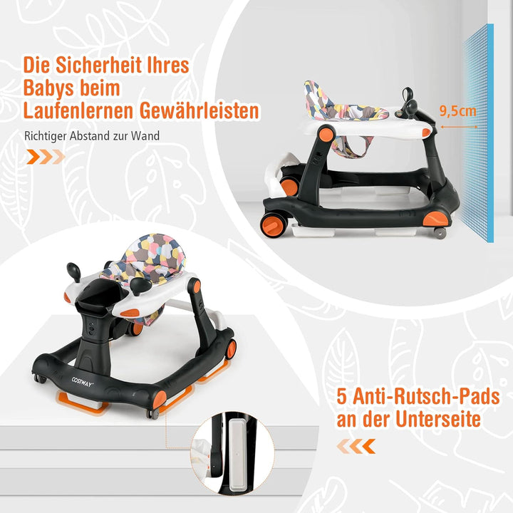 COSTWAY 2-in-1 Lauflernhilfe klappbar, Baby Walker höhenverstellbar, Gehfrei mit Musik & Licht, Lauf