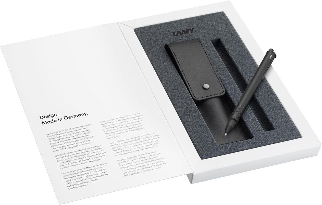 LAMY Set aus 1x swift Tintenroller 330 aus Edelstahl in schwarz und 1x Echtleder-Etui in der Farbe s