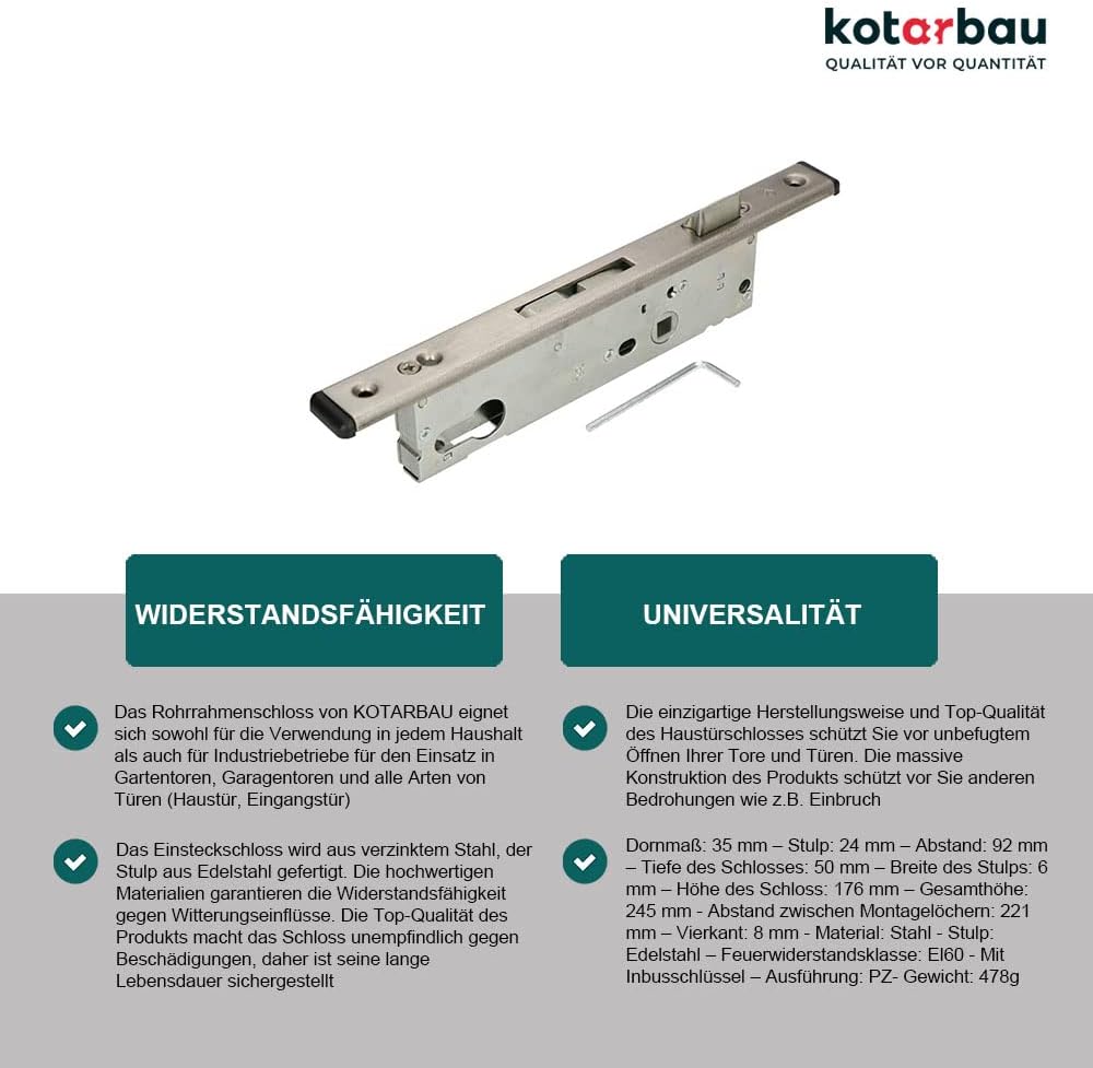 KOTARBAU® Rohrrahmenschloss 92 mm Dornmass 35 mm C-Stulp Edelstahl Einsteckschloss Türschloss Haustü