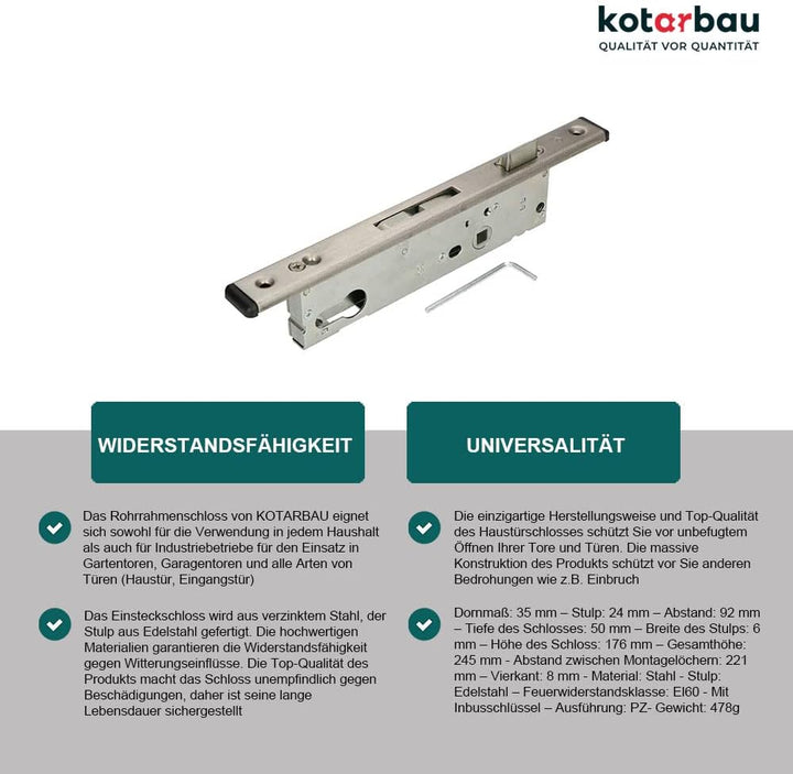 KOTARBAU® Rohrrahmenschloss 92 mm Dornmass 35 mm C-Stulp Edelstahl Einsteckschloss Türschloss Haustü