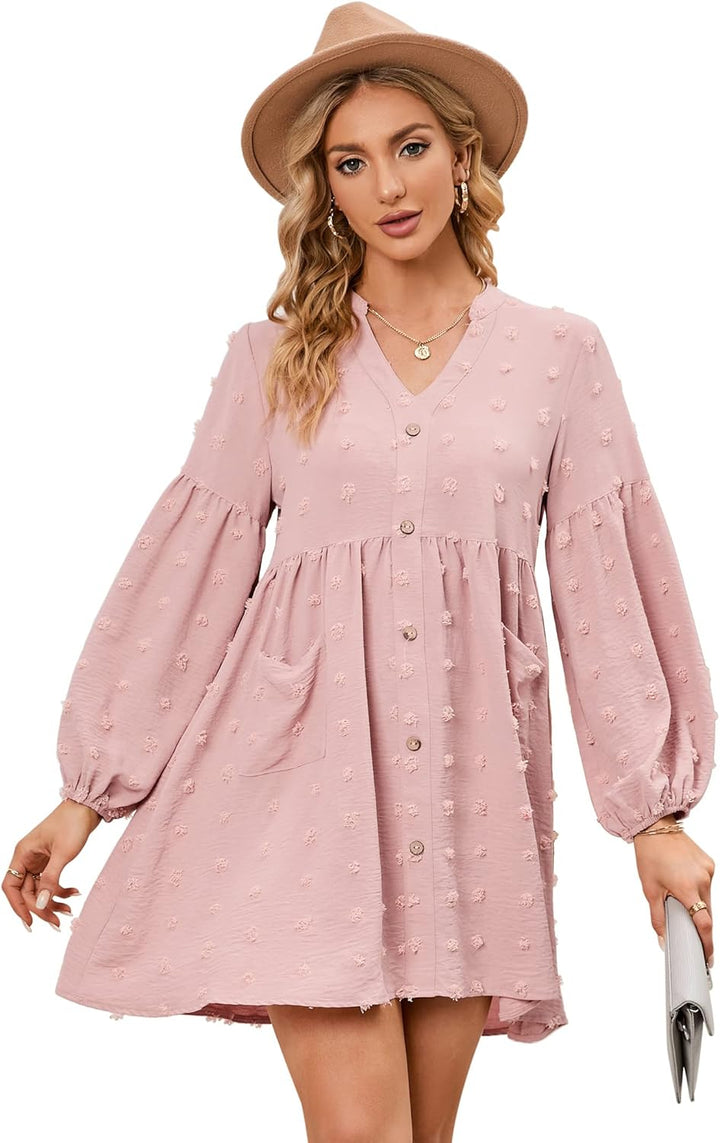 KOJOOIN Damen Tunika Kleid Langarm Swing Kleid kurz V-Ausschnitt Knopfleiste Blusenkleid Swiss Dot C