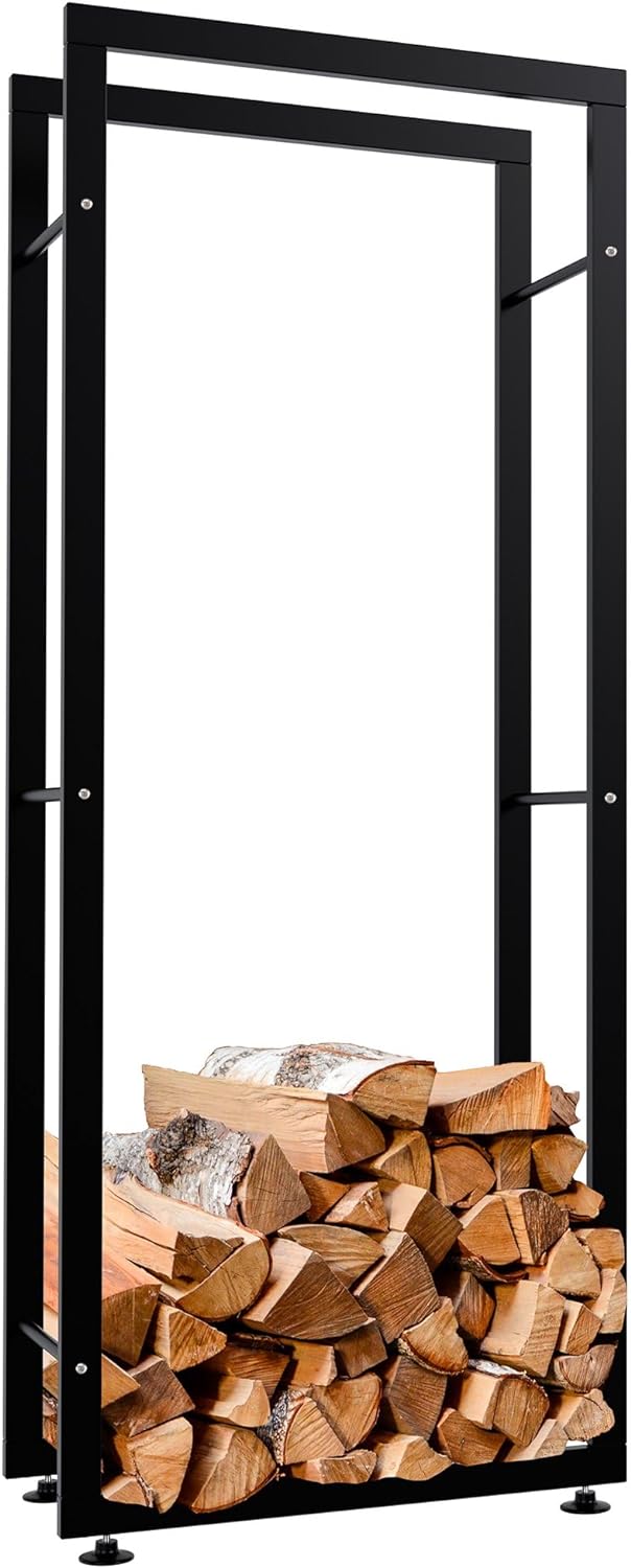 CLP Kaminholzständer Keri V2 I Aus Schwarzem Metall I Kaminholzregal Mit Bodenschonern I Stapelhilfe