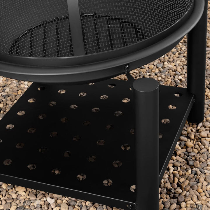 GARDEBRUK® Feuersschale mit Funkenschutz Rund Ø55cm Schürhaken Ablagefach Stahl Schwarz Terrasse Gar