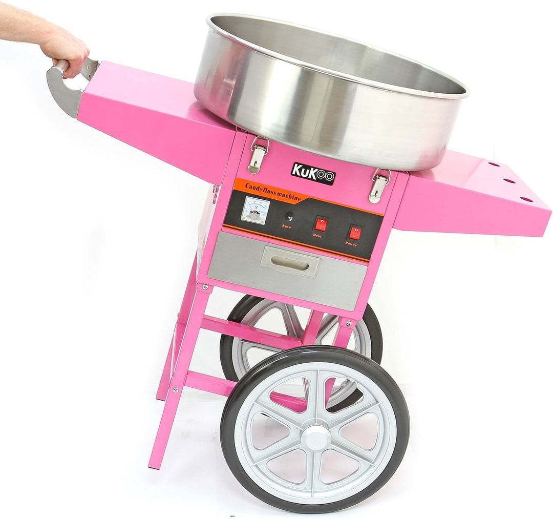 KuKoo Rosa Zuckerwattemaschine Zuckerwattegerät Zuckerwatte mit Wagen, Schubfach und 500 Holzstäbche