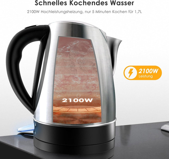 KitchenBoss Wasserkocher 1,7L Wasserkocher Edelstahl:Elektrischer Wasserkocher mit Kalkfilter, Wasse