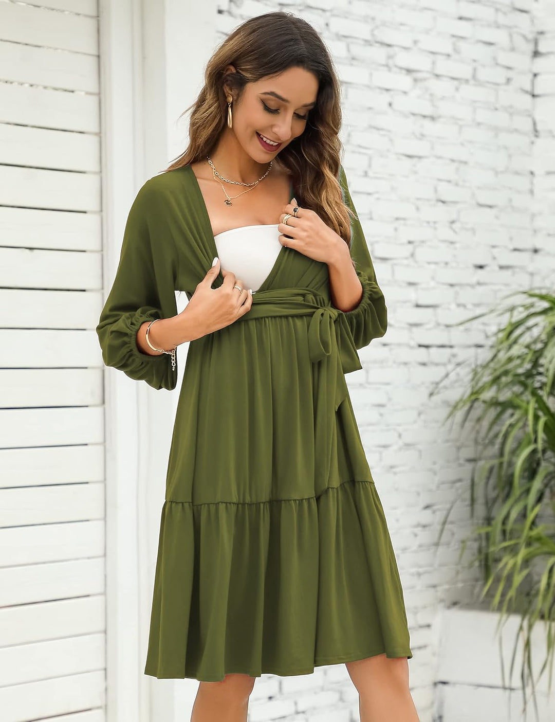 KOJOOIN Damen Umstandskleid V-Ausschnitt 3/4 Ärmel Stillkleid Rüschen Schwangerschafts Kleider mit G