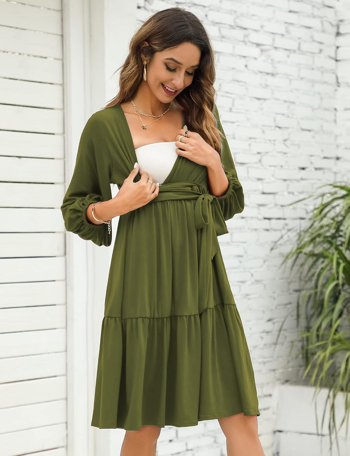 KOJOOIN Damen Umstandskleid V-Ausschnitt 3/4 Ärmel Stillkleid Rüschen Schwangerschafts Kleider mit G
