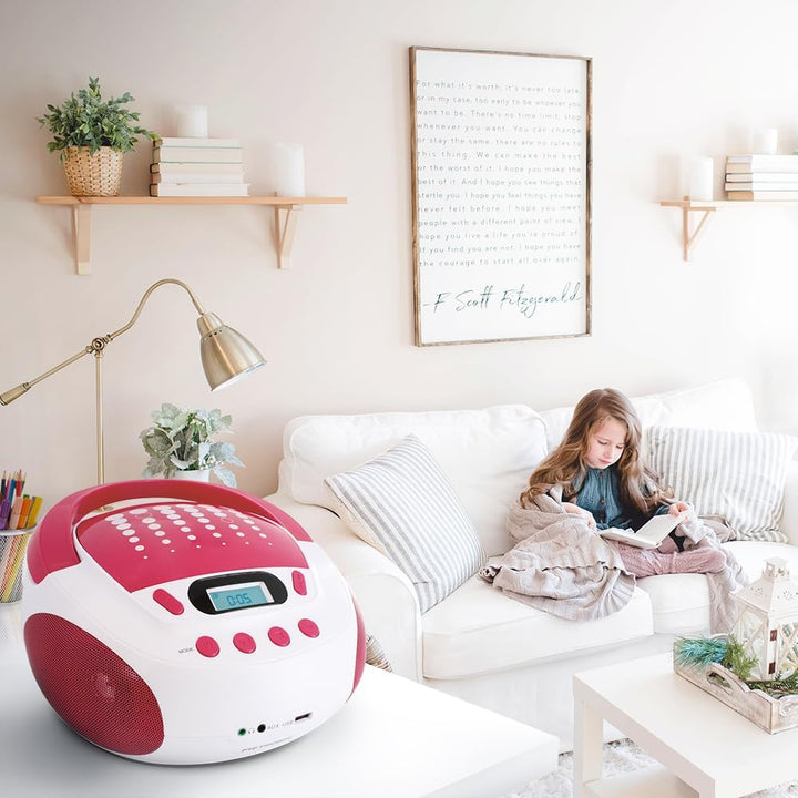 Metronic CD-Player für Kinder, MP3, Pop Pink, mit USB-Port, Stromversorgung oder Batterien, Weiss un