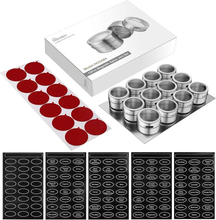 HOMGEN Gewürzdosen Magnetisch Edelstahl 12 Stück Gewürzgläser Set Magnet 100ml Gewürze Spice Jars mi