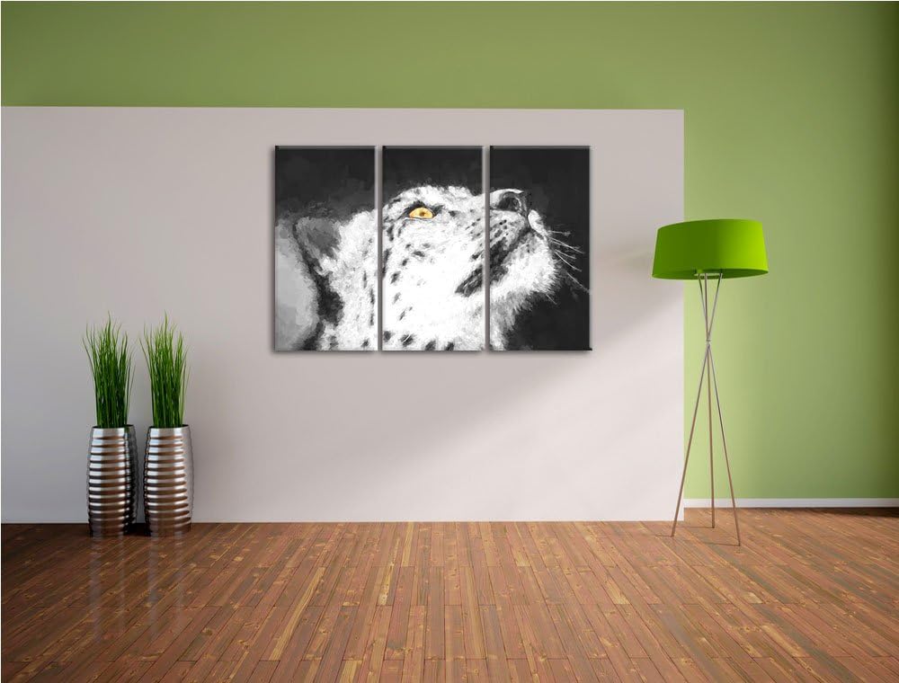 aufschauender Schneeleopard schwarz/weiss Deluxe 3-Teiler Leinwandbild 120x80 Bild auf Leinwand, XXL