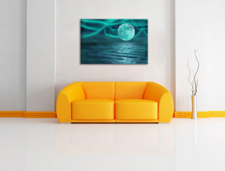 ruhiges Meer mit Vollmond schwarz/weiss Format: 100x70 auf Leinwand, XXL riesige Bilder fertig gerah