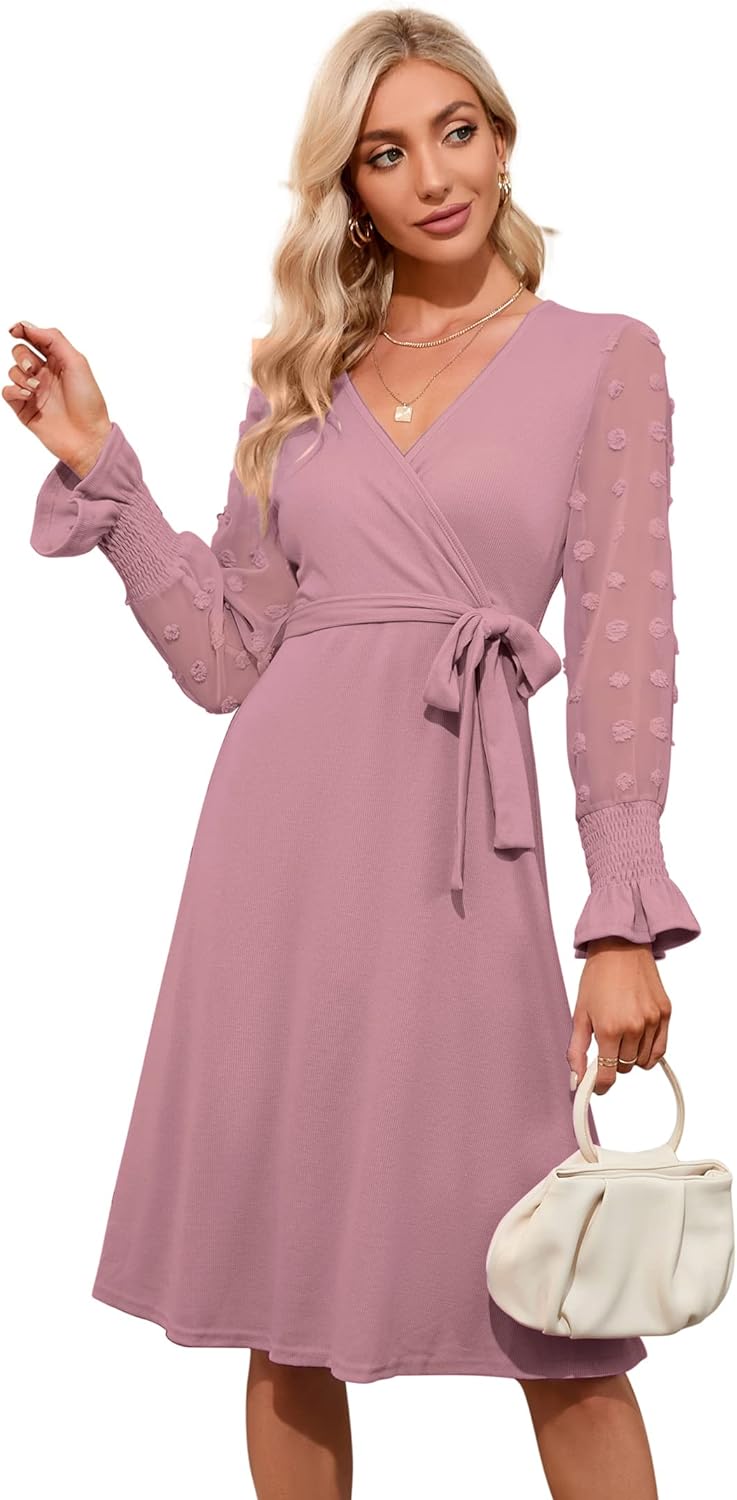 KOJOOIN Damen Kleid Strickkleid Pulloverkleid Elegant A-Line Tunika Kleid V-Ausschnitt Langarm Midik