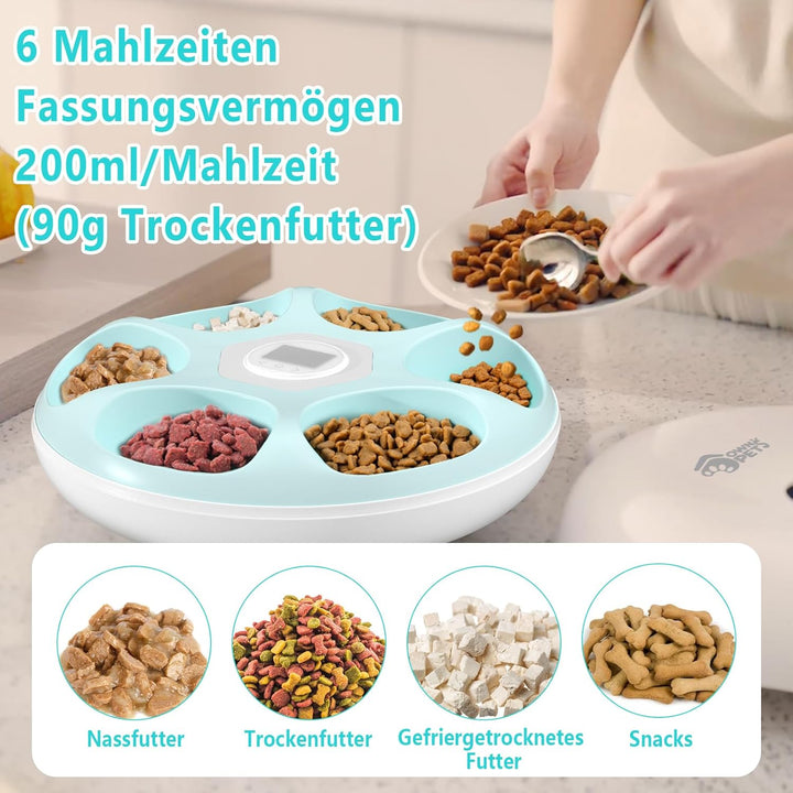 Ownpets 6 Mahlzeiten Automatischer Katzenfutterautomat für Nass/Trockenfutter, mit 2 Kühlakkus, prog