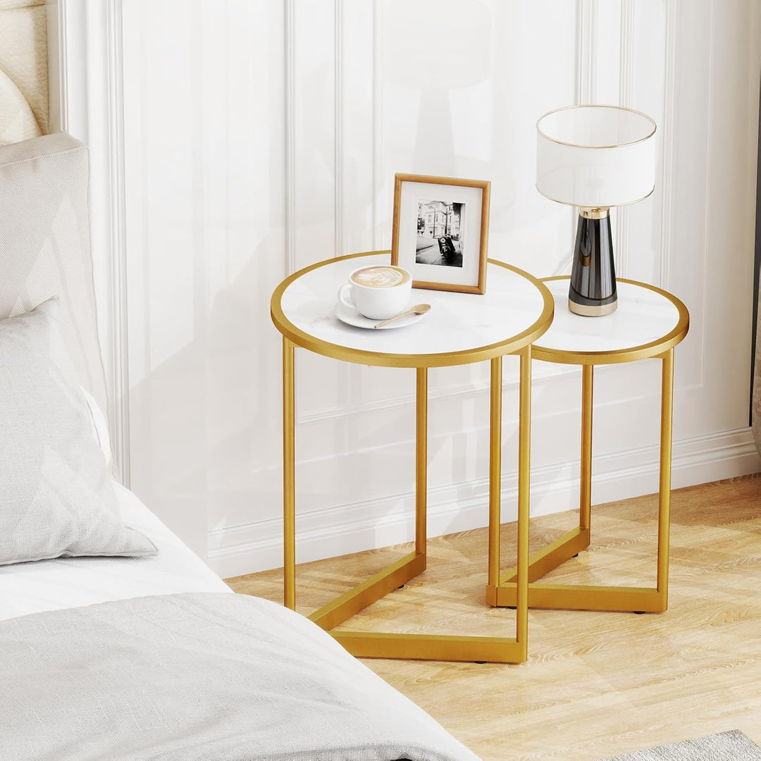 COSTWAY 2er Set Couchtisch mit Marmoroptik, Beistelltisch Holz mit goldfarbenem Metallbeinen, Kaffee