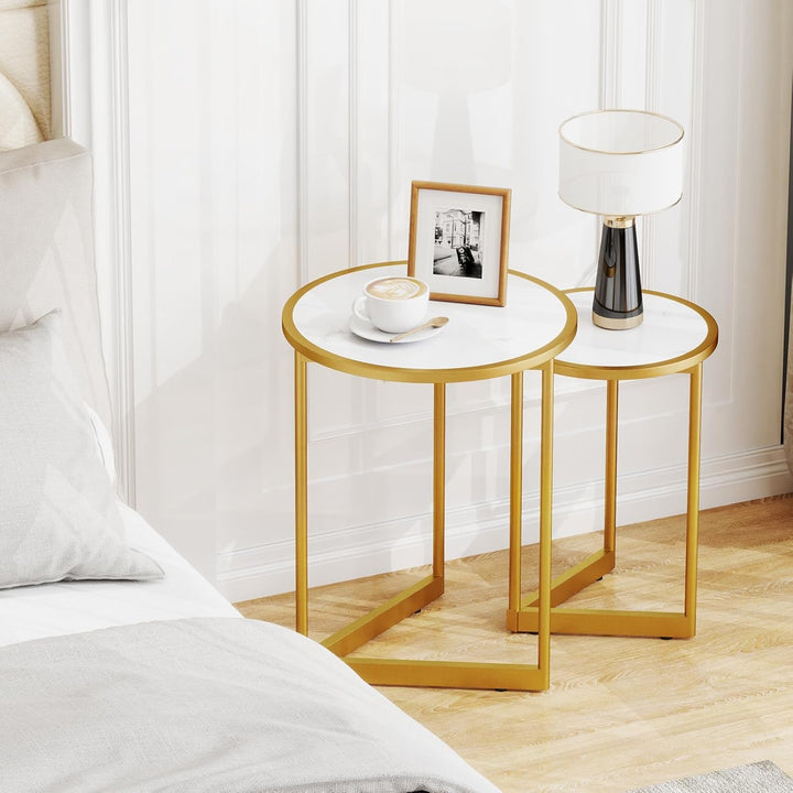 COSTWAY 2er Set Couchtisch mit Marmoroptik, Beistelltisch Holz mit goldfarbenem Metallbeinen, Kaffee