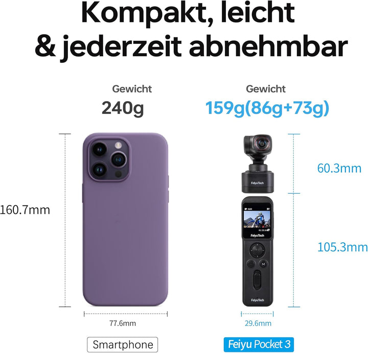Feiyu Pocket 3 4K Vlog-Kamera mit 3-Achsen-Gimbal & kabelloser Fernbedienung – Inkl. Gesichtserkennu