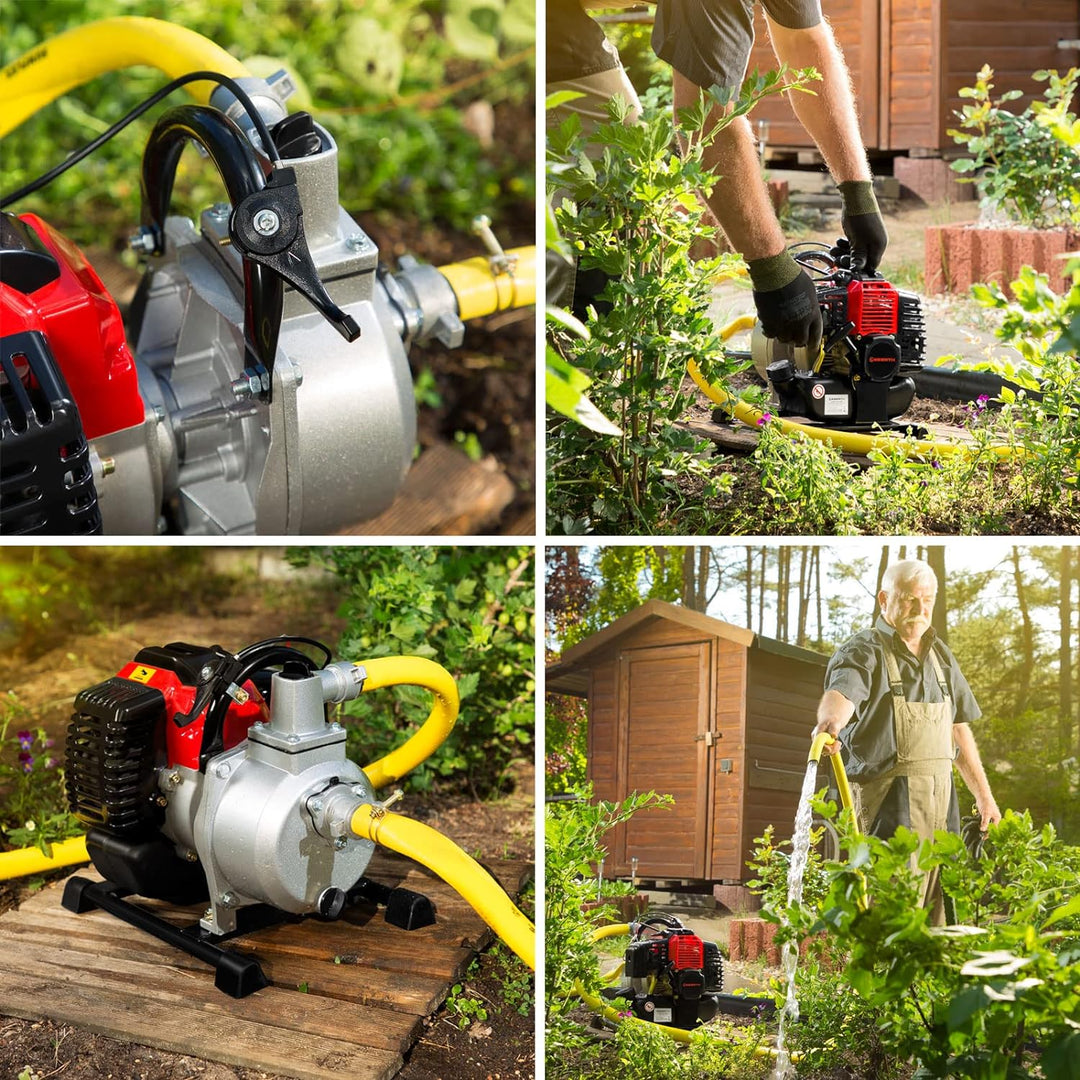 EBERTH Wasserpumpe Gartenpumpe Schmutzwasserpumpe Pumpe Benzin, 2PS 2-Takt-Motor, 12.000l/h Durchlau