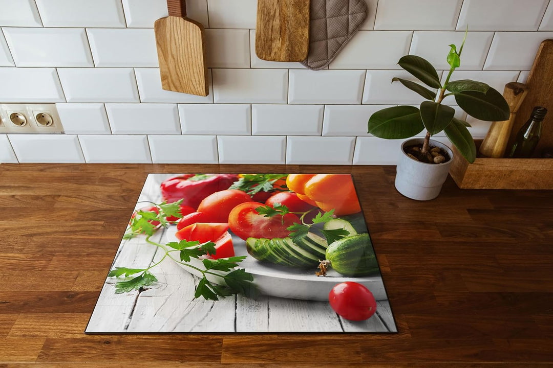 Gemüseteller Herdabdeckplatte & Spritzschutz aus Echtglas | Für Herd-Kochfelder | 60x52 cm