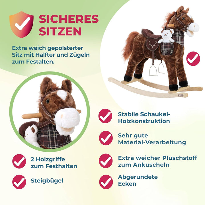 DEUBA® Schaukelpferd Sound Effekte mit Sattel Zaumzeug Steigbügel Schaukeltier Plüsch Schaukel Wippe