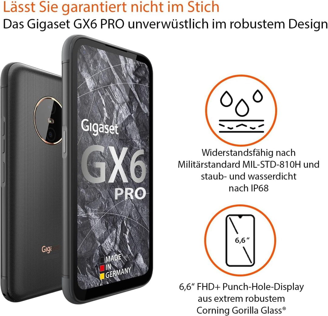 Gigaset GX6 PRO Business-Smartphone 5G - staub- & wasserdicht IP68, Militärnorm - 6,6" FHD+ Display
