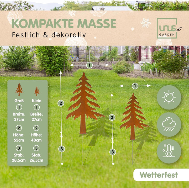 UNUS Gartenstecker Weihnachten Tannenbaum, 2er Set, Metallstecker Garten Rost, Gartendeko Rostoptik,