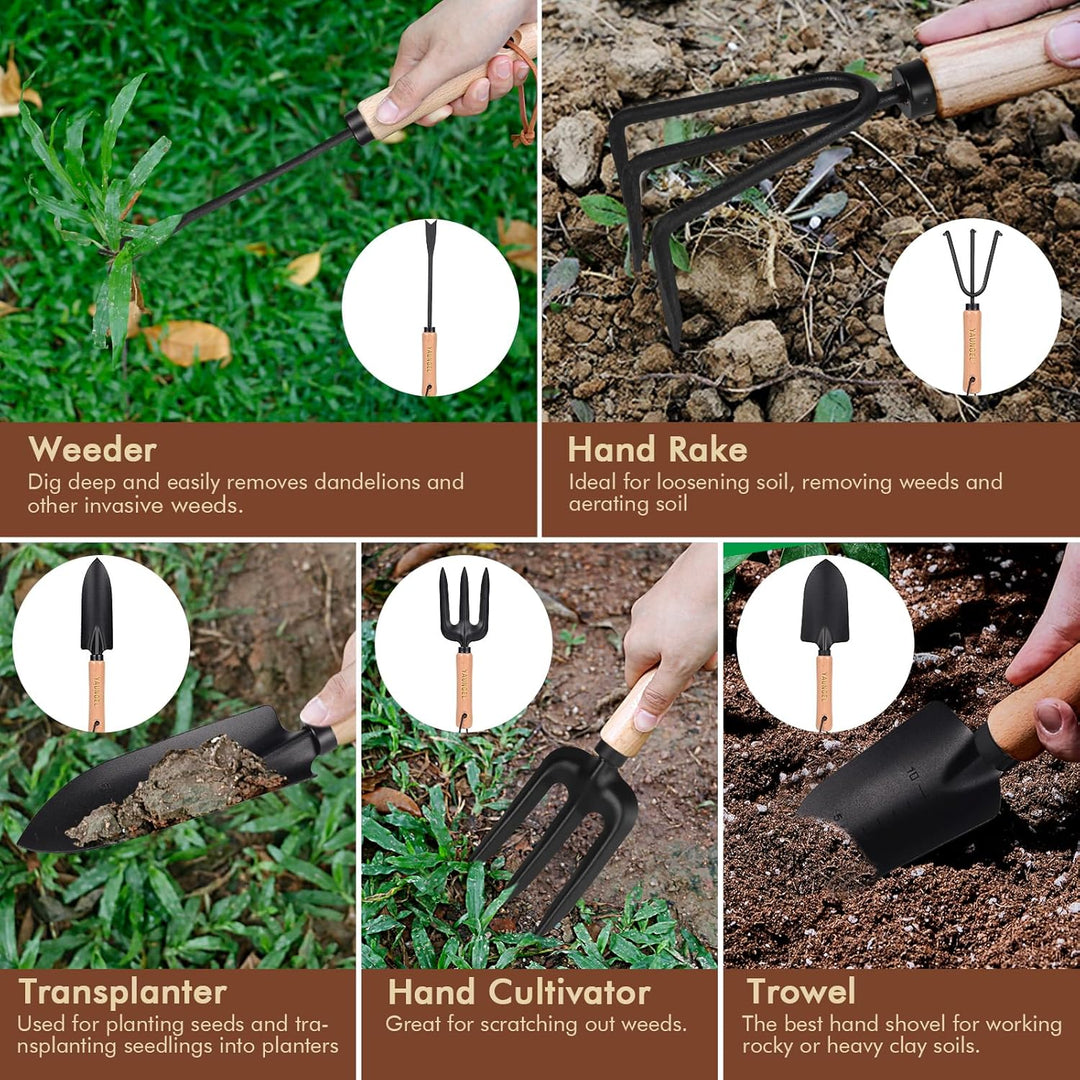 YAUNGEL Gartenwerkzeug Set, 10 Stück Schwerlast Edelstahl Gartenarbeit Kit mit Non-Slip Holzgriff- G