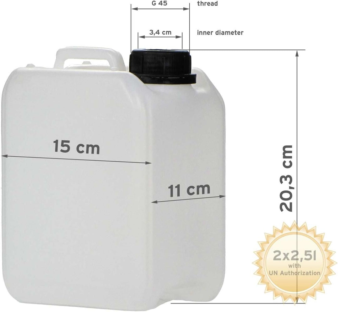 2x 2,5L Kanister aus HDPE, mit Deckel DIN 45 mm und UN Zulassung, Wasserkanister, lebensmittelecht,