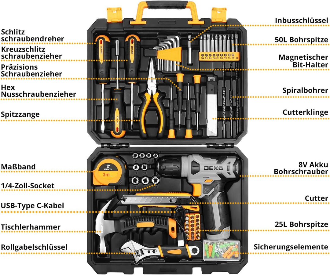 DEKO 126 Stück Elektrowerkzeug Combo Kits mit 8V Akku Bohrer, 10MM 3/8'' Keyless Chuck, Professionel