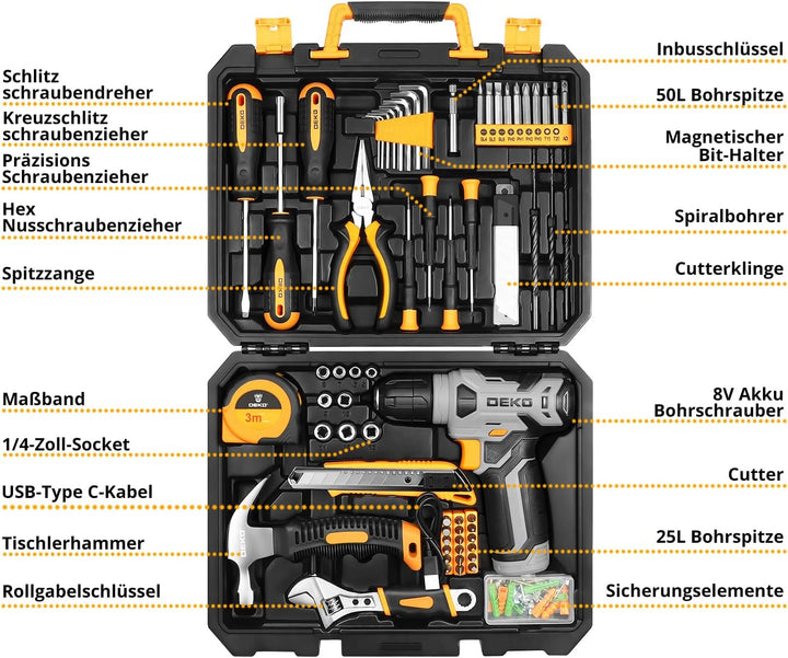 DEKO 126 Stück Elektrowerkzeug Combo Kits mit 8V Akku Bohrer, 10MM 3/8'' Keyless Chuck, Professionel