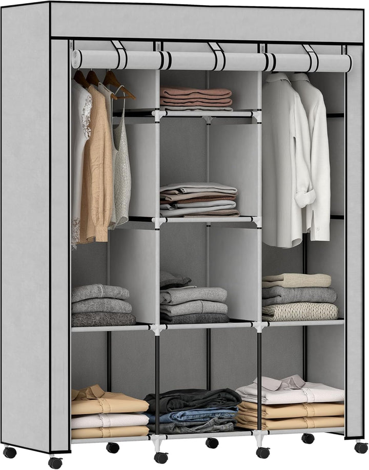 HOMCOM Stoffschrank, Kleiderschrank mit Rolle, Kleiderstangen, 8 Ebenen, Faltschrank, Faltbare Garde