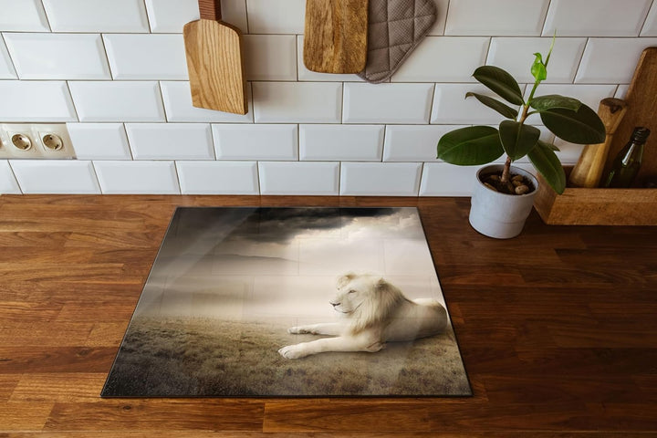 Stolzer weisser Löwenkönig Herdabdeckplatte & Spritzschutz aus Echtglas | Für Herd-Kochfelder | 60x5