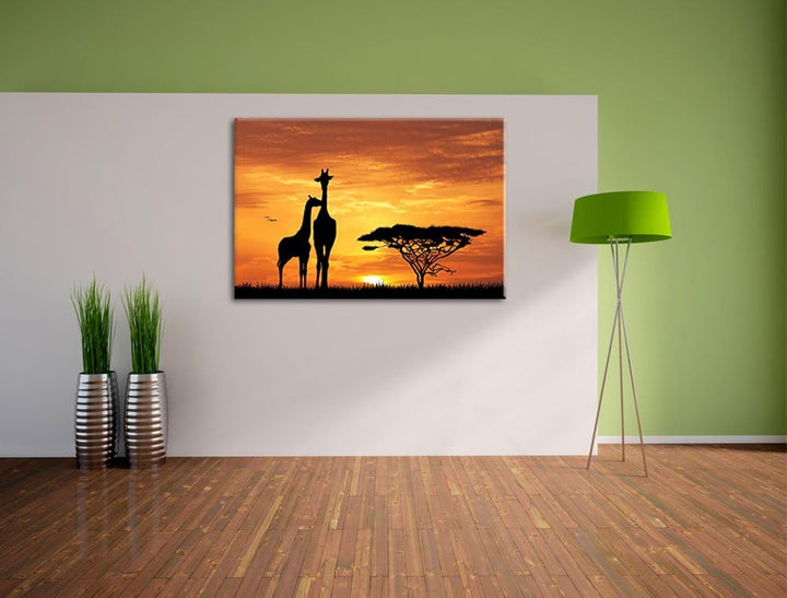 Giraffen im Sonnenuntergang Format: 100x70 auf Leinwand, XXL riesige Bilder fertig gerahmt mit Keilr
