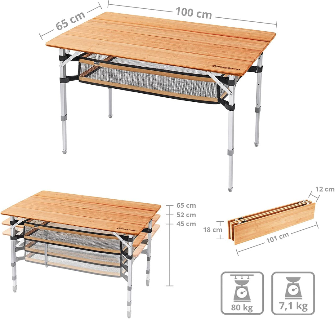 KingCamp Bambus Falt Tisch Camping Klapptisch Garten Alu Holz 3Höhen Verstellbar