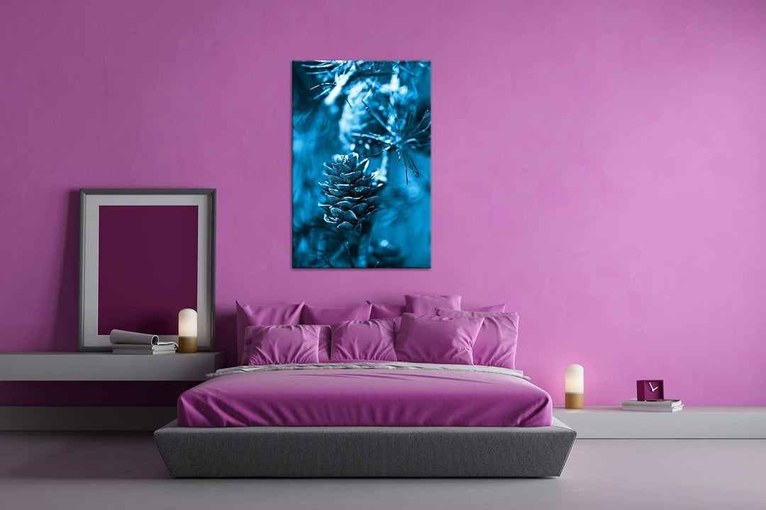 deyoli Tannenzapfen am Ast Format 80x60 Effekt: Monocrome Blau als Leinwandbild, Motiv fertig gerahm