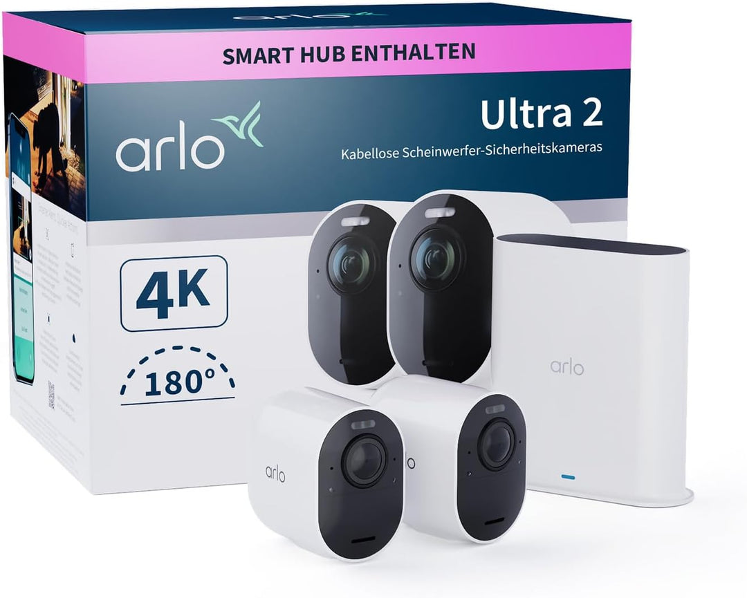 Arlo Ultra 2 Überwachungskamera Aussen WLAN, Kabellos, 2er Set, 4K UHD Qualitätsprodukt, 180° Sichtf