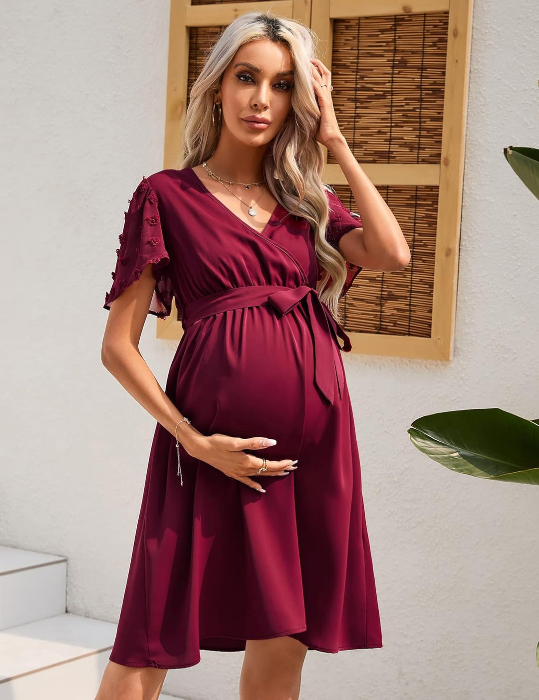 KOJOOIN Damen Umstandskleid Tüll Kurzarm Stillkleid Swiss Dot V-Ausschnitt Schwangere Kleider Mutter