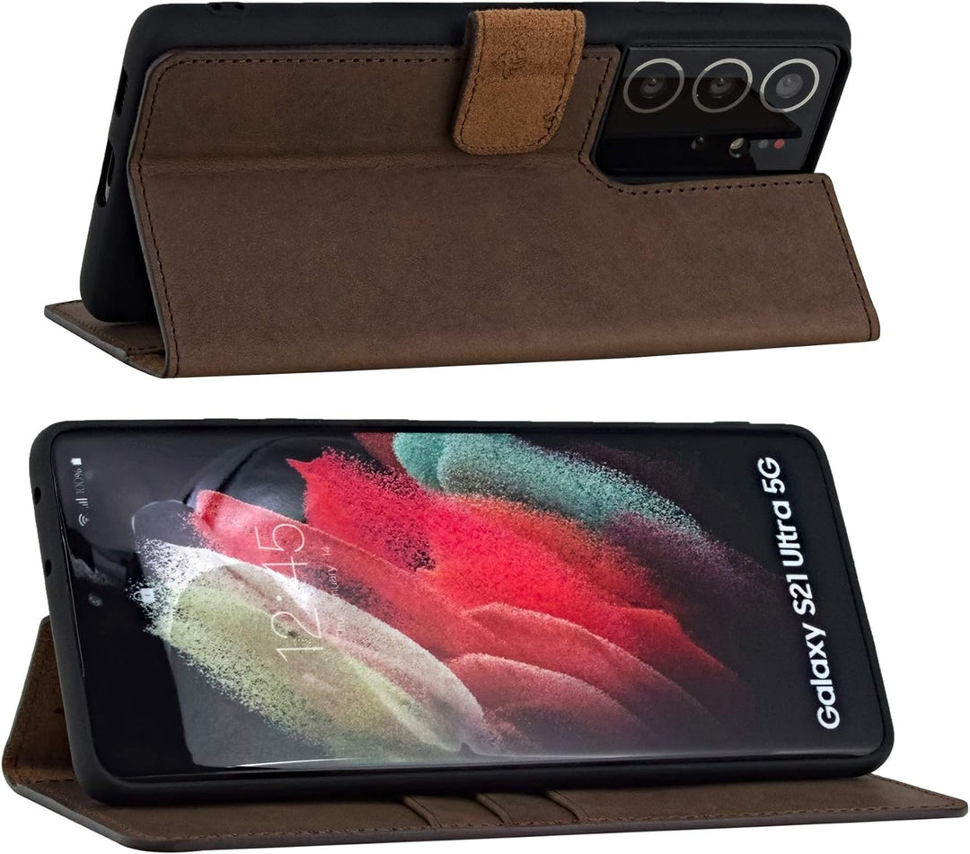 Suncase Book-Style Hülle kompatibel mit Samsung Galaxy S21 Ultra 5G Leder Tasche (Slim-Fit) Lederhül
