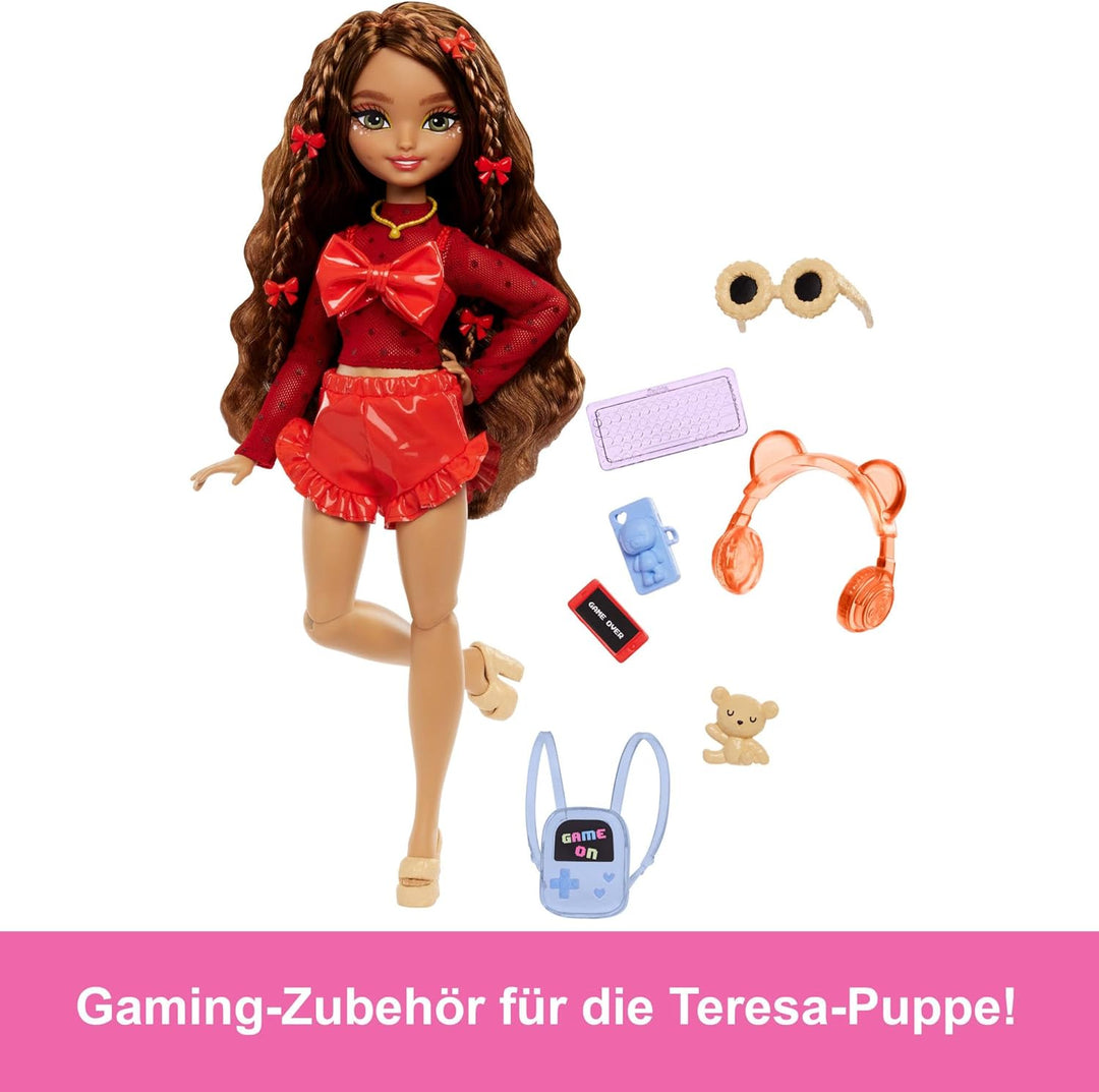 Barbie Dream Besties Puppe und Accessoires, bewegliche Teresa-Modepuppe mit braunem Haar und Haarspa