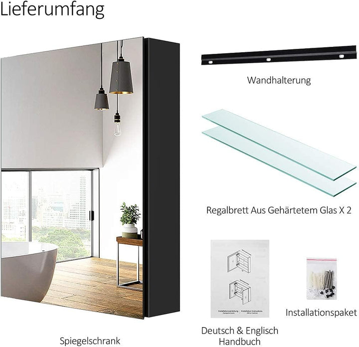 EMKE Spiegelschränke 50x65cm Spiegelschrank Badschrank mit Doppelseitiger Spiegel (Schwarz), Schwarz