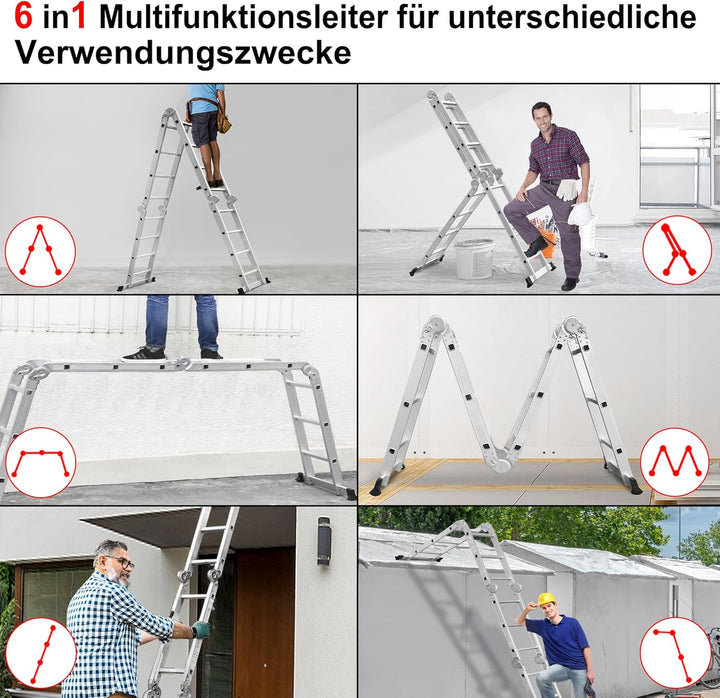 LZQ 4x4 Mehrzweckleiter 470cm 6 in 1 Alu Leiter Vielzweckleiter Klappleiter Haushaltsleiter Arbeitsl