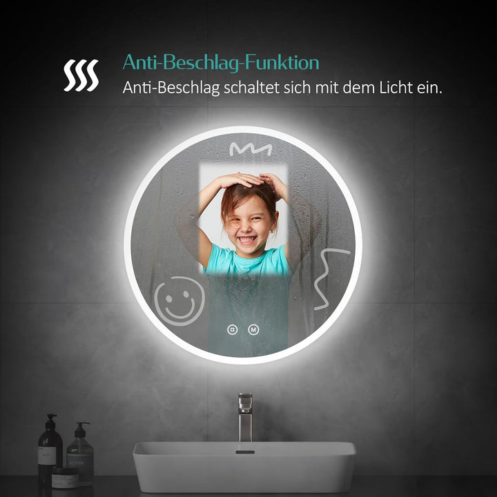 EMKE Badspiegel mit Beleuchtung Rund 50cm Badezimmerspiegel mit Touchschalter, 3 Lichtfarben dimmbar