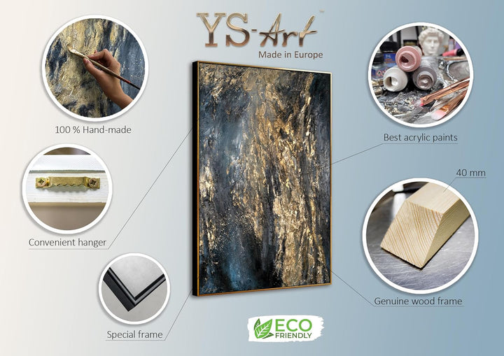 YS-Art XXL Abstrakt Acryl Gemälde auf Leinwand mit Rahmen Azurblau handgemalte Wandbilder Wohnzimmer