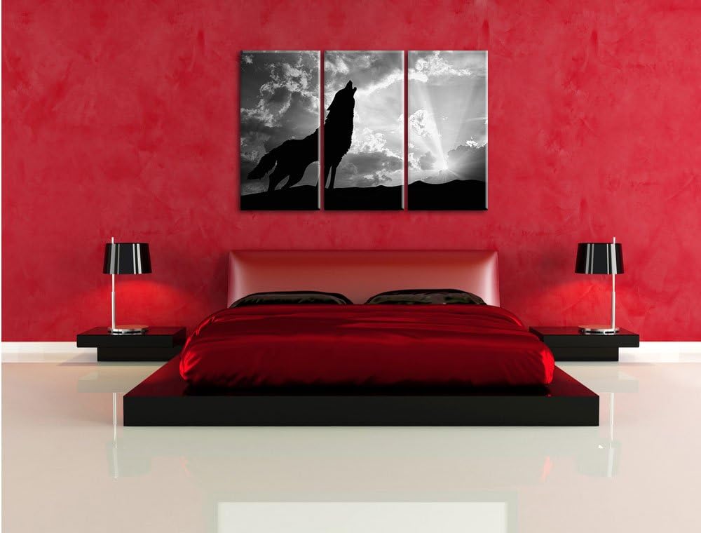 Pixxprint Wolf Heulen als Leinwandbild/Grösse: 3 Teilig (120x80) cm/Wandbild/Kunstdruck/fertig bespa