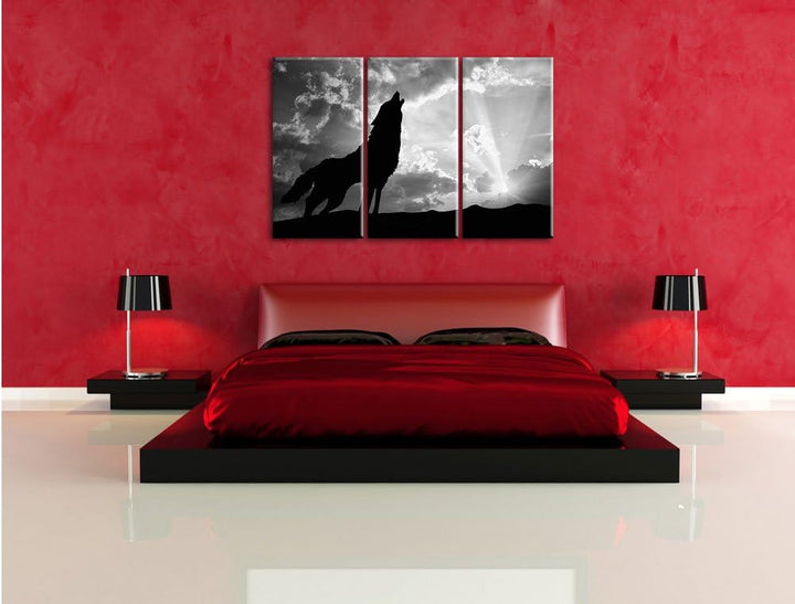 Pixxprint Wolf Heulen als Leinwandbild/Grösse: 3 Teilig (120x80) cm/Wandbild/Kunstdruck/fertig bespa