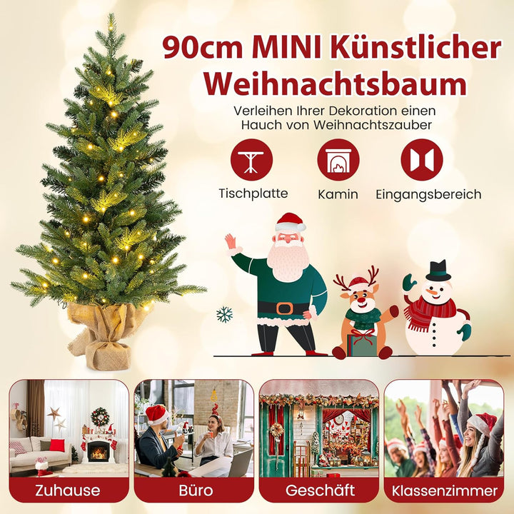COSTWAY 90 cm künstlicher Weihnachtsbaum mit Beleuchtung, Kleiner Tannenbaum, Tisch-Weihnachtsbaum m