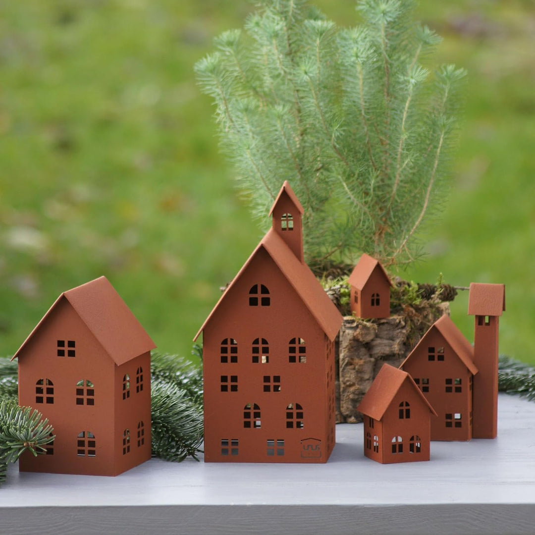 UNUS Deko Häuser 5er Set, Lichthäuser aus Metall für Garten, Terrasse, Balkon oder Zuhause (Rost), R
