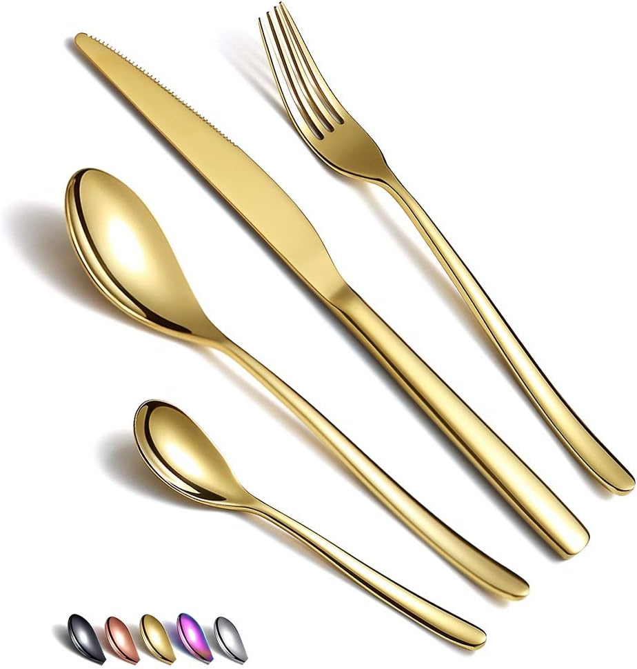 HOMQUEN 24 Stück Gold Besteck Set, Gold Besteckset aus Edelstahl, Gold Titanbeschichtung, Utensilien