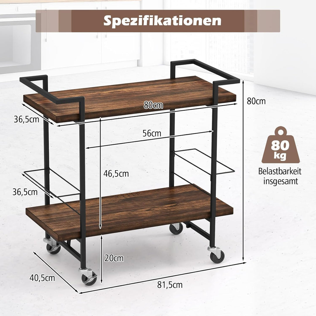 COSTWAY Servierwagen mit Rollen, Küchenwagen Industrie-Design, seitlicher Schutz für Weinflaschen, 2