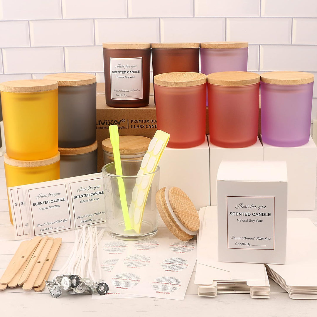 MILIVIXAY 12 Stück 284 ml bunte Glaskerzengläser mit Deckel und Kerzenherstellungs-Kits – leere Kerz